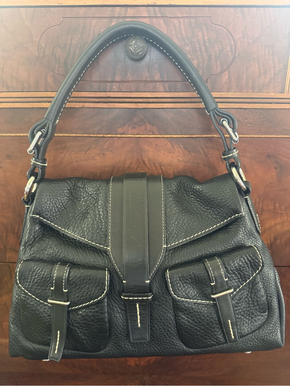Tumi Black Pebbled Leather Shoulder Bag with Dual Front Pockets
